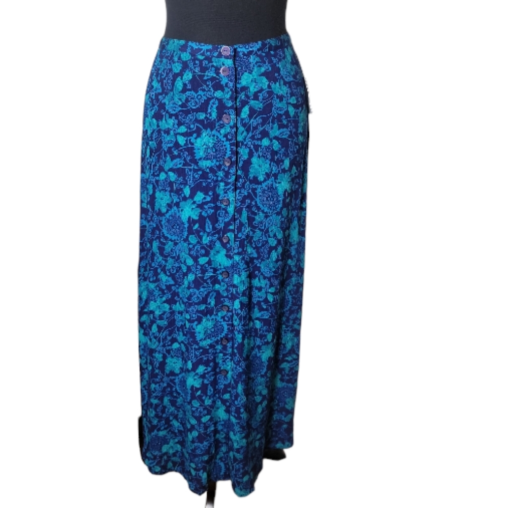 Norton McNaughton paisley floral midi skirt blue teal elastic waist women's M